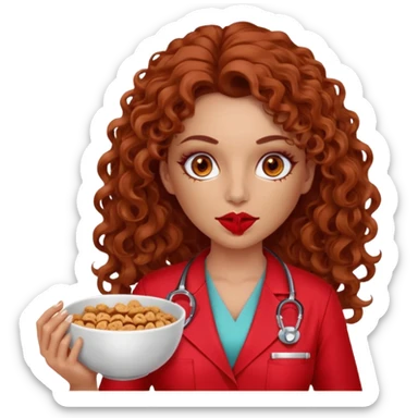 Sensual Spanish Lilith core evil surgeon.red outfit.  Surgeon has hazel eyes. Her hair is BROWN. Hair is also  long and  curly. wearing a sexy surgeon outfit with platform heels.she is a calculated smart cereal killer. She covers only her mouth and nose to hide identity  sticker