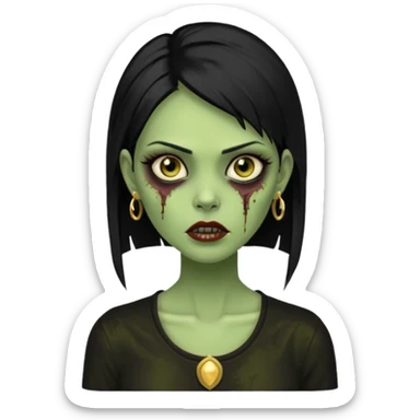 Faça uma zombie mulher bonita verde com olhos castanhos cabelos pretos liso com estilo y2k e ouro sticker