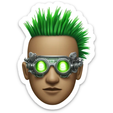 Green Mohawk hair male cyborg head with white steampunk goggles and circuits sticker