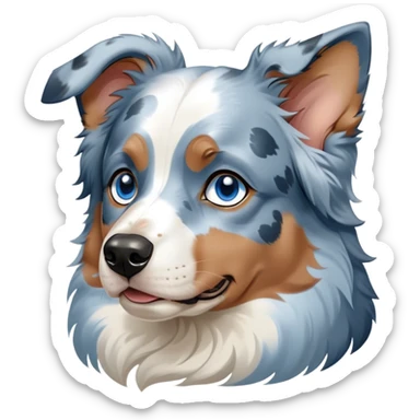 Cinematic Noble Tan Point Blue Merle Australian Shepherd Portrait Emoji, Poised and regal, with a strong, agile build and a striking coat featuring a blue merle base with bold tan points and crisp white accents, piercing blue eyes, Simplified yet sharp and sophisticated features, highly detailed, glowing with a soft, dignified glow, high shine, intelligent and loyal, stylized with an air of strength, focused and attentive, soft glowing outline, capturing the essence of a watchful and confident herder, so majestic it feels as though it could step out of the screen with effortless authority! sticker