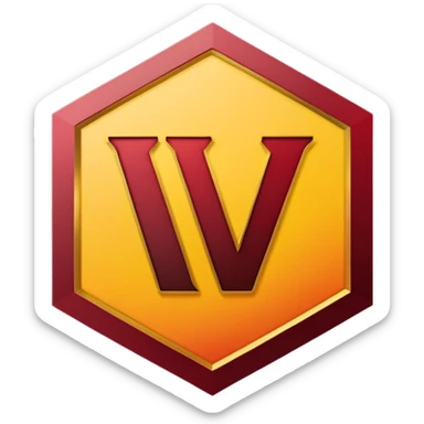 hexagon emblem with a thick yellow-to-gold outline and a dark red gradient inside. In the center, place a bold capital letter V in the same yellow-to-gold gradient as the outline. Keep the shapes clean and geometric, with smooth color transitions and no background color. sticker