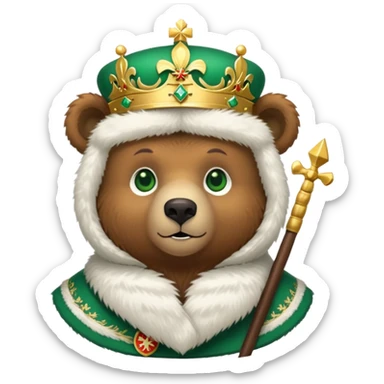Adorable brown bear with green eyes, white furry ushanka, detailed Russian Federation emblem with golden double-headed eagle, three crowns, scepter and orb, St. George on chest shield, minimalist iOS emoji style sticker