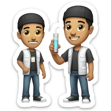"Light-skinned Latino male with short black hair, wearing a backward cap front to back. Brown eyes, slightly thick lower lip, smiling. Holding a test tube in one hand and a video game controller in the other. Cartoon style sticker
