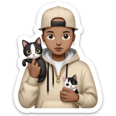 rapper with stylish clothes holding a cute black and white cat sticker