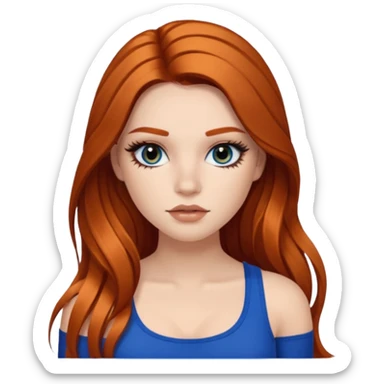 Pale girl with long black/brown hair with ginger streaks,wearing fake lashes,latina baddie makeup and a blue crop top sticker