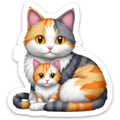 full body dark grey and white cat cuddling a colourful light patched calico + white tabby cat  sticker