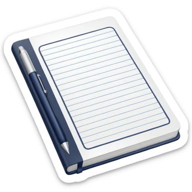 Front-facing notebook icon with a pen on the right side, minimal line-art, clean modern style, perfectly straight angle (no tilt), simple outlines, slightly 3D, no background, transparent, “documenting / journaling / tracking progress sticker