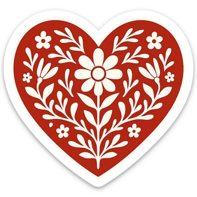 Add a white outline around the motif so it stands out against the red heart. Keep the motif minimalist and bold, maintain the red color and the border around the heart. The style should be Scandinavian folk art. Transparent background. sticker