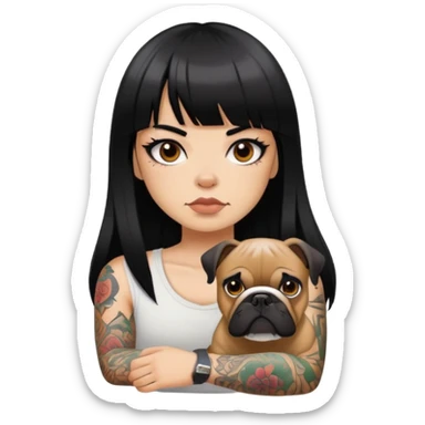 girl with long black  straight bangs hair and tattoos and a Black haired bulldog sticker