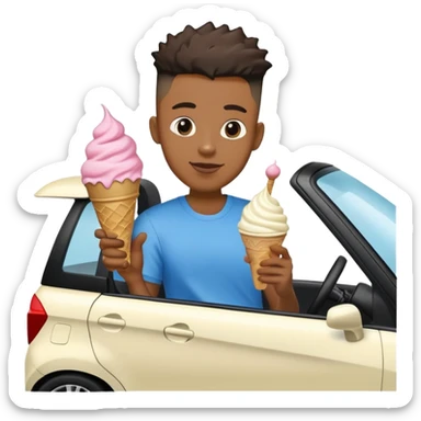 Black man holding ice cream while driving a Honda fit with a high top fade sticker