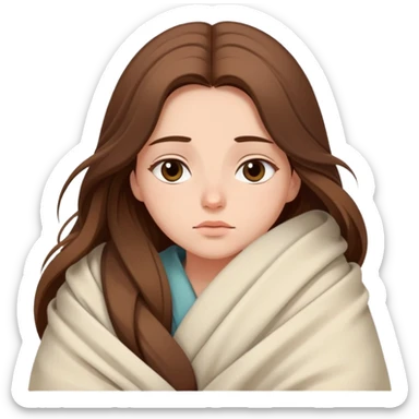 Sleepy girl with long brown hair wrapped like a burrito in a blanket, eyes half-open elegant colors  sticker