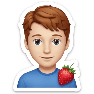 Please generate a portrait of a boy. He has light brown to reddish-brown wavy hair, a right side parting, longer sideburns, blue eyes, a snub nose, and a somewhat pronounced, strawberry-red pout. He is smiling. sticker