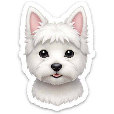 Cinematic Cute West Highland White Terrier Portrait Emoji, Head tilted playfully and inquisitively, featuring a fluffy, immaculate white coat with perky ears, round, sparkling dark eyes filled with curiosity, Simplified yet irresistibly adorable features, highly detailed, glowing with a warm, friendly glow, high shine, affectionate and lively, stylized with a touch of whimsy, bright and endearing, soft glowing outline, capturing the essence of a mischievous yet loving pup, so playful it feels like it could bound out of the screen and into your arms! sticker