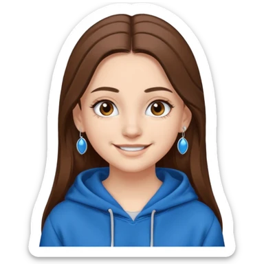 teen girl, white skin, long brown hair middle parted, brown eyes, blue hoodie eyelashes and earrings sticker