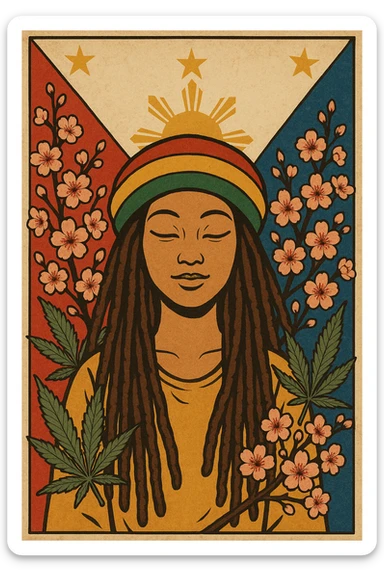 Vintage poster of an Asian Rasta woman with long dreadlocks, peaceful eyes, and a red-gold-green tam. Surrounded by cherry blossoms and ganja leaves. Background Asian flag. Retro reggae fusion vibe, with bold lines and aged paper texture. Philippines with the actual flag
 sticker