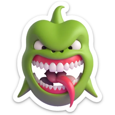 sinister face with oversized jagged teeth and a slimy tongue, shadowy background sticker