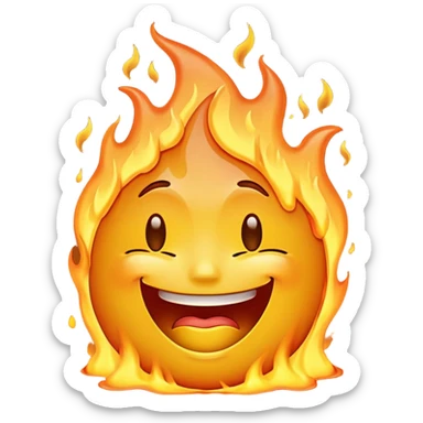 A high-resolution, surreal emoji face with a transparent background. The emoji is simultaneously grinning, crying, and melting while on fire.  sticker