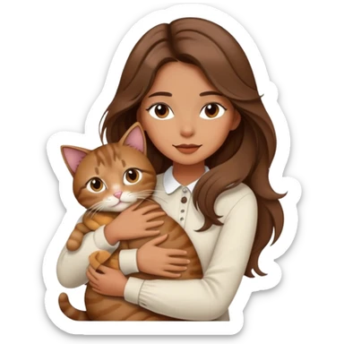 Fashionable girl with stylish outfit and long slightly wavy hair and hugging a cat sticker