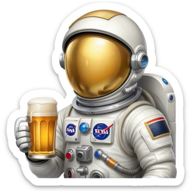 a full astronaut space suit with a pint of delicious beer inside it instead of a human, the glass of beer visible through the helmet sticker