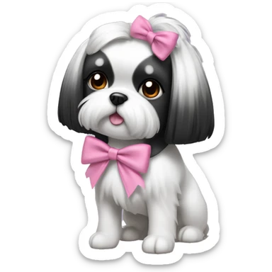 Shitzu girl dog with black and white hair, with a medium length ponytail and a pink bow to tie her hair sticker