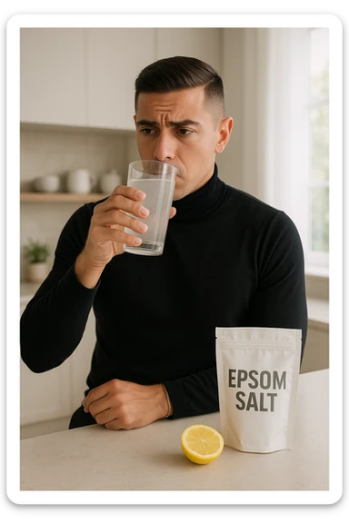 A realistic, bright photo-style image of a young man in his 30s standing in his kitchen, holding a clear glass filled with water in which Epsom salt (magnesium sulfate) has been dissolved. He looks focused but slightly uncertain as he prepares to drink it for a liver flush or digestive cleanse. The glass shows slight cloudiness from the dissolved salt. On the counter are a packet labeled 'Epsom Salt' and a sliced lemon, suggesting he might use it to mask the taste. The setting is clean, natural, and bright with neutral tones. The background shows sunlight streaming through a window, emphasizing a clean, minimalist health-focused environment. The mood conveys a realistic, calm moment of self-care with a hint of discomfort, illustrating a natural detox practice in italiano sticker