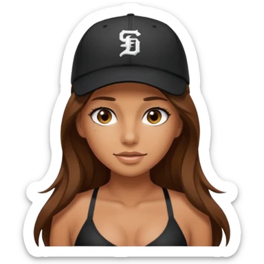 A tanned girl's face with long brown hair Wearing a black baseball cap with black bikini sticker