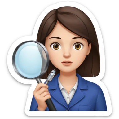 A brunette woman holding a large magnifying glass and squinting at something to intently sticker