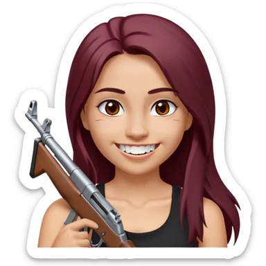 emoji of girl with an ak47 in hand with a black tank top bigger breast, smiling with teeth with maroon dark long hair in a middle part with straight nose hazel eyes medium perfect eye brows with  a nose ring silver on the right nostril  sticker