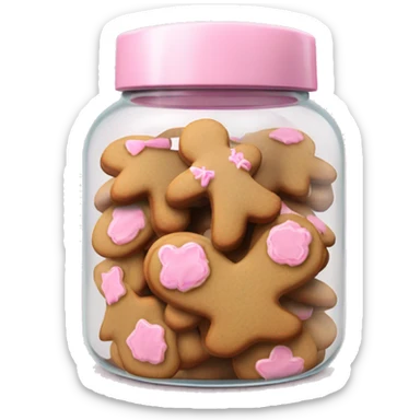 Realistic glass cookie jar with light pink lid full of gingerbread cookies isolated.  sticker