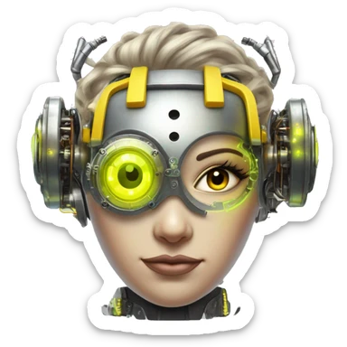 Round faced Caucasian female cyborg head with Neon yellow bobbed hair, silver steampunk goggles and circuits sticker