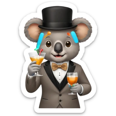 koala wearing suit, bowtie and top hat, holding glass of drink sticker