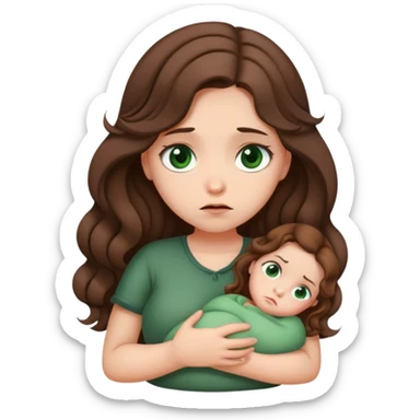 Sad Girl with curled brown long length hair and dark green eyes with belly ache sticker