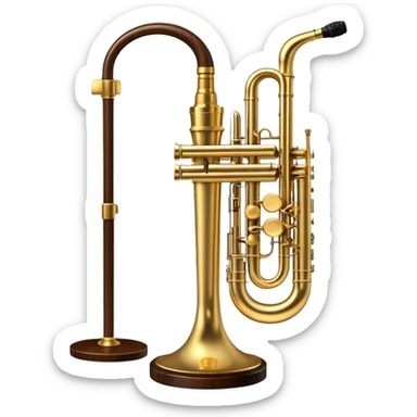 Create an elegant and atmospheric emoji representing jazz vocal performance. In the foreground, feature a vintage jazz microphone on a stand, with intricate details and a classic design. Behind it, place a grand jazz piano, with a sleek, polished finish, and on top of the piano, add a trumpet (Selmer Model 19 balanced action) resting gently. The design should evoke a sense of timeless jazz music, with flowing musical notes or subtle sound waves in the background. Use rich colors like gold, black, deep wood tones, and brass to highlight the vintage, high-quality instruments. The background should be transparent. sticker
