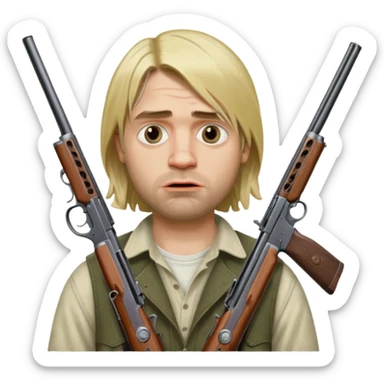 Kurt Cobain thoughtfully holds a double-barreled shotgun aimed at his open mouth. sticker