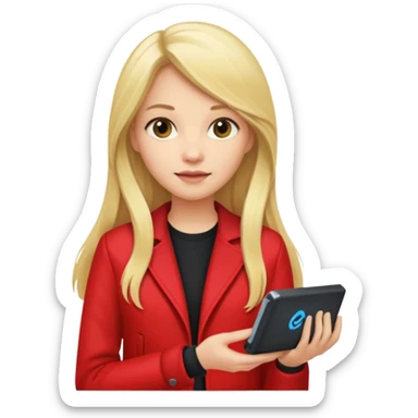 mujer  joven rubia con pelo largo y saco rojo con modem de internet sticker