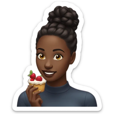 A black girl, black hair in a bun, eat cake spitting fruits sticker