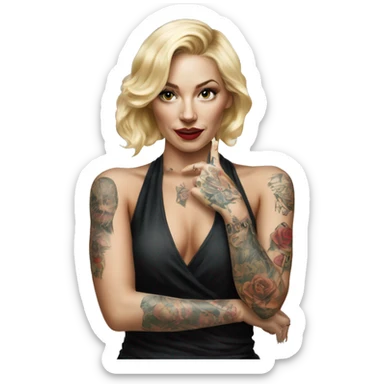 Blonde elegant women, her Body Covered with Tattoos, POINTING YOU with her HAND , Hyper realistic sticker