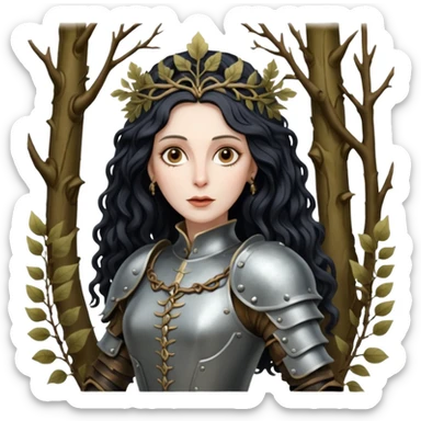 realistic cinematic actress Cher in baroque styling with dirty armor in a forest sticker