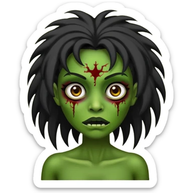Faça uma zombie verde mulher com cabelos preto, liso e longo de olhos castanhos sticker