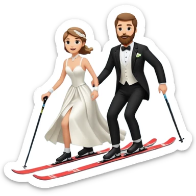 a couple skiing, man with a beard in a tux and woman in a wedding dress on their skiis going down a slope sticker