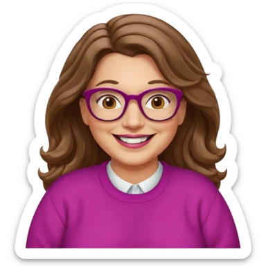 50 yr Caucasian woman, long brown hair parted on side, brown eyes, brown glasses, big smile, white teeth, fuscia sweater, chubby, wavy hair sticker