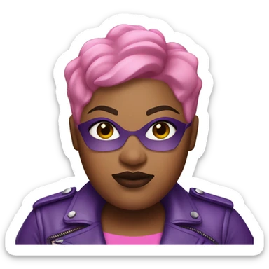 Plus size black woman with extremely short pink hair and a purple leather biker jacket with makeup on face. sticker