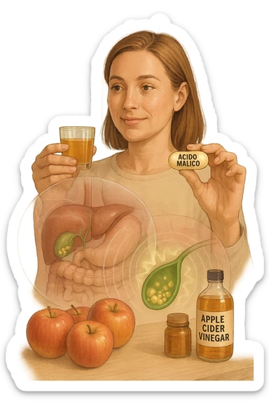 A detailed, realistic illustration or photo-style image showing a person holding a small glass of apple cider vinegar in one hand and a capsule labeled ‘Acido Malico’ in the other. In the foreground or as an overlay, a semi-transparent anatomical view of the abdomen highlights the gallbladder with visible small gallstones inside. Around the gallstones, gentle glowing waves or soft dissolving effects symbolize the softening or breakdown of the stones due to the natural acids. The person looks hopeful and calm, in a bright kitchen setting with fresh apples and natural health products on the counter. The overall mood is informative, natural, and hopeful about non-invasive, natural support for gallstone health sticker