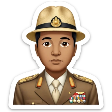 ​Cinematic Realistic Portrait of Sukarno, depicted in a lifelike, realistic style based on his iconic portrait, showcasing his thoughtful, charismatic expression in period attire, rendered with detailed textures and warm, evocative lighting that captures his pioneering spirit and national pride, sticker