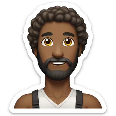 6’5” tall brown skin man with strong arms and strong legs and with curly hair and black beard sticker
