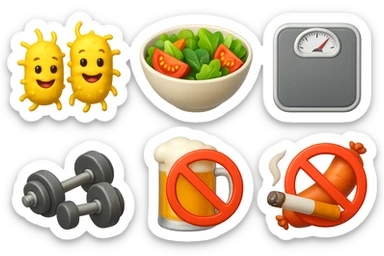 emoji stile iphone di: due batteri intestinali felici, una bowl di insalata, una bilancia pesapersone, manubri da palestra, e un boccale di birra con divieto 3d sopra, una sigaretta con divieto 3d sopra e un wurstel con divieto 3d sopra, fluttuano in aria, iperrealistico 4k sticker