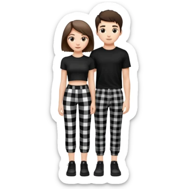white girl with short brunette hair and eyelashes a little long with a black crop top and black and white plaque pants on top of a white boy with brunnete fluffy hair and long black shirt on and black and white plaque pants. sticker