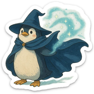 ghibli style penguin wizard with flowing cape and magical aura sticker