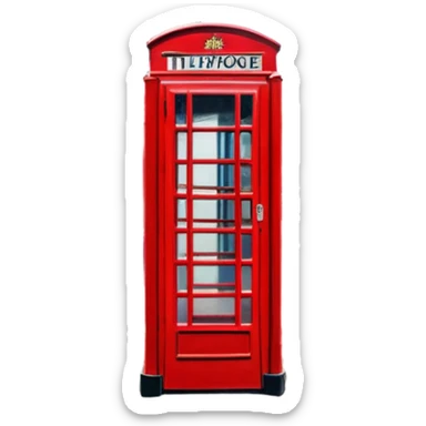 Cinematic Realistic depiction of an iconic red telephone box, rendered in vivid, saturated colors with detailed textures and reflective surfaces, set on a classic English street under soft, diffused daylight sticker