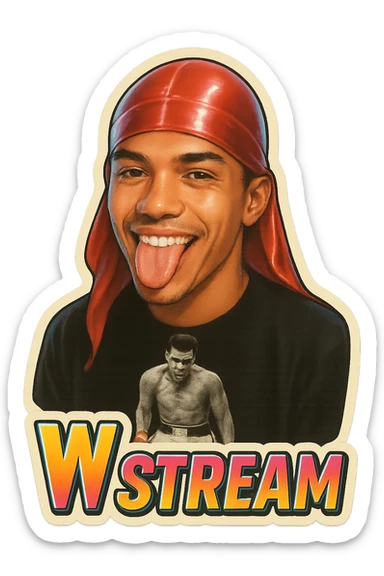 Make him Smiling with tongue sticking 
Change His durag To Red
Add the words W Stream sticker